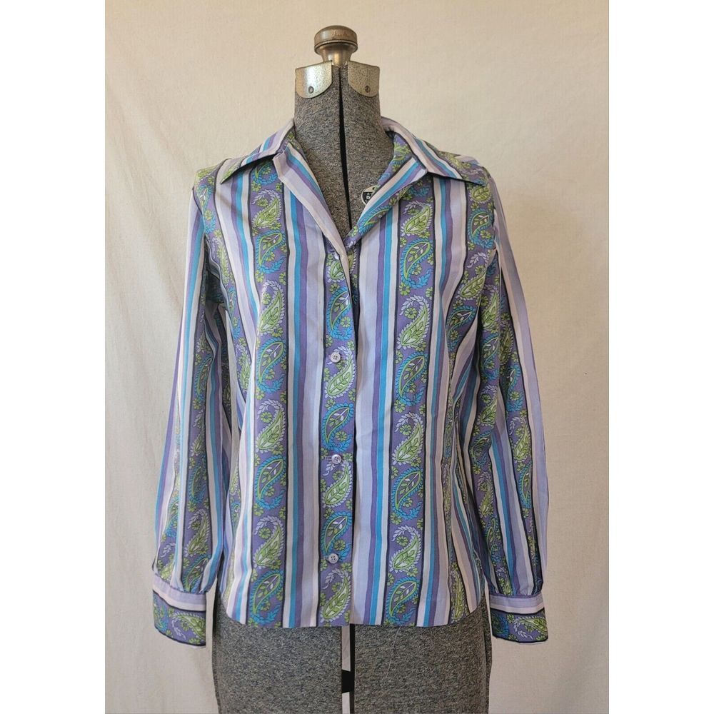Vintage Womens Blouse Disco Paisley Purple Button Up Lafy Manhattan Size‎ Medium